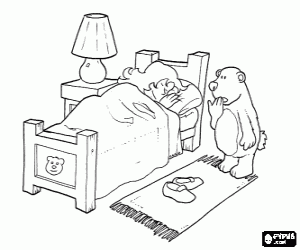 The bear find a little girl in the bed coloring page