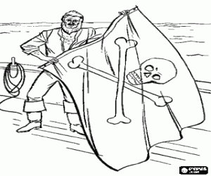 Bearded pirate on board on the ship prepared to hoist the flag with a skull coloring page