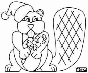 Beaver with Santa Claus hat coloring page