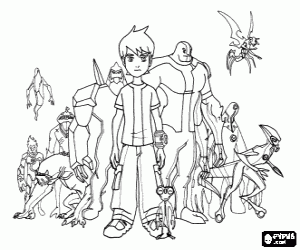 Ben 10 and his ten aliens coloring page