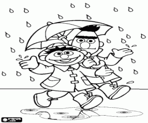 Bert and Ernie with an umbrella coloring page