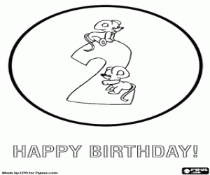 Birthday card,two years with animals coloring page
