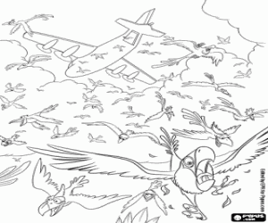 Blu and the birds flee the plane coloring page