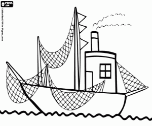 Boat with fishing nets coloring page