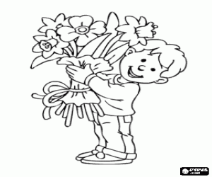 Boy and a bouquet of flowers for mom coloring page