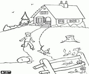 A boy and a dog in spring day coloring page