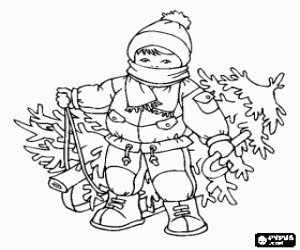 The boy dragging a Christmas fir coloring page
