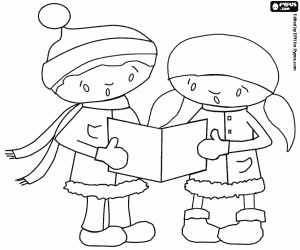 Boy and girl singing Christmas carols coloring page