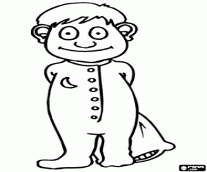 Boy in pajamas with a cushion coloring page
