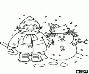 A boy with scarf and a snowman coloring page