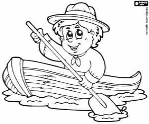 A boy scout in a rowing boat coloring page