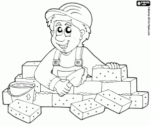A bricklayer builds a wall coloring page