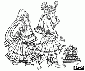Bride and groom at a hindu wedding coloring page