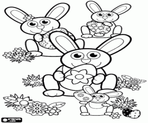Bunnies and decorated Easter eggs coloring page