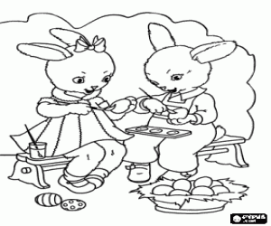 The bunnies and Easter eggs coloring page