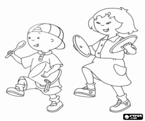 Caillou and Sara, a musical band coloring page