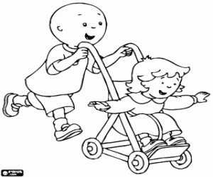 Caillou and his sister in a stroller coloring page