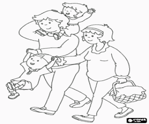 Caillou for a walk with his family coloring page