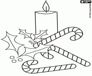 Candy canes, candle and holly coloring page