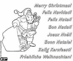 Card with Santa Claus and toys sack coloring page