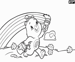A care bear paints a rainbow coloring page