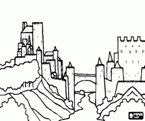 Castle, walled city and bridge coloring page
