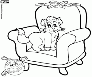 Cat, armchair and Christmas ball coloring page