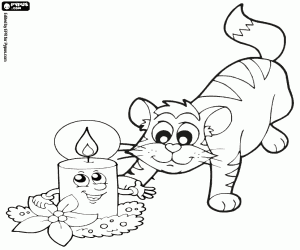 The cat and a Christmas candle coloring page