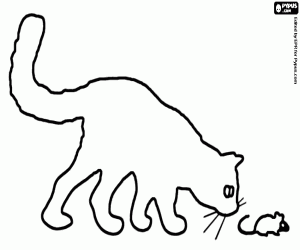 A cat looks at a mouse, silhouette coloring page