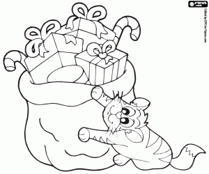 A cat with the sack of gifts coloring page