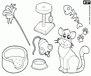 The cat with the toys coloring page