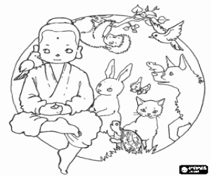 Child Buddha with the animals coloring page