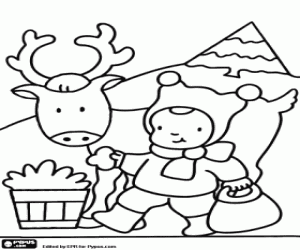 The child and the Christmas reindeer coloring page