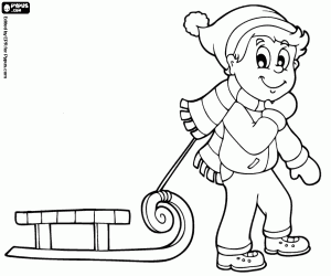 A child dragging the sled coloring page