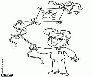 A child with the happy kite coloring page