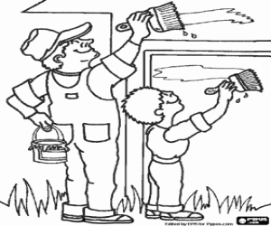 A child helps the wall painter coloring page