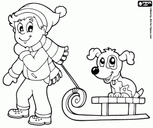 Child with little dog on the sled coloring page