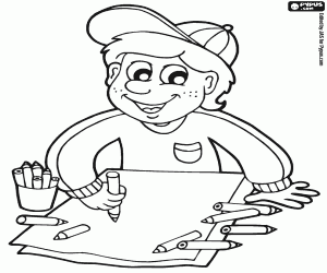 A child with paper and pencils coloring page