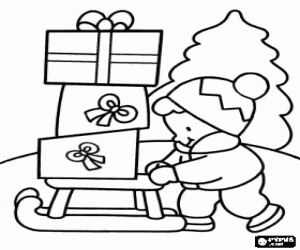 The child and the sleigh with gifts coloring page