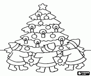 Children around the Christmas tree coloring page
