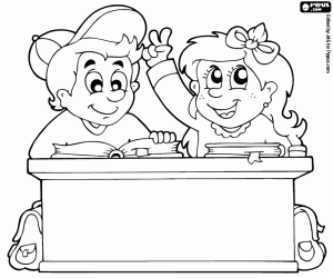 Children with books on the school desk coloring page