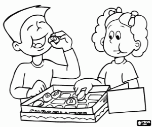 Children and chocolates for mom coloring page