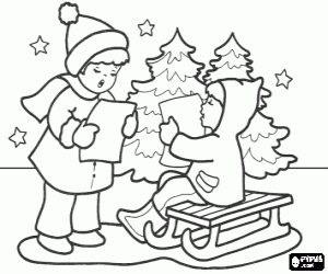 Children and Christmas carols coloring page
