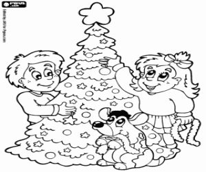 Children decorate Christmas tree coloring page