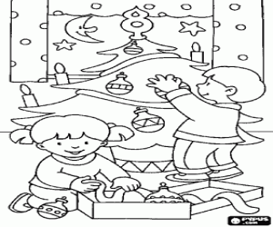 Children decorating a Christmas tree coloring page