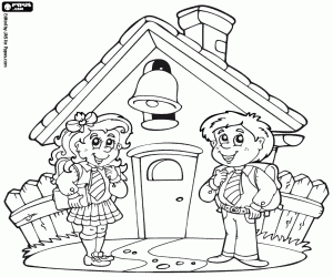 Children in front the small school coloring page