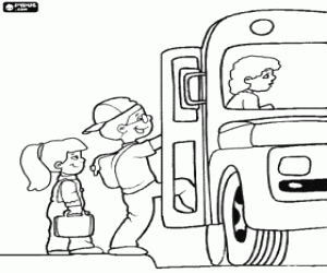 Children getting on school bus coloring page