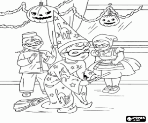 Children at Halloween party coloring page
