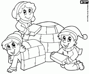 Children and igloo, Christmas holidays coloring page