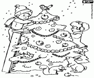 Children nd Christmas tree of garden coloring page